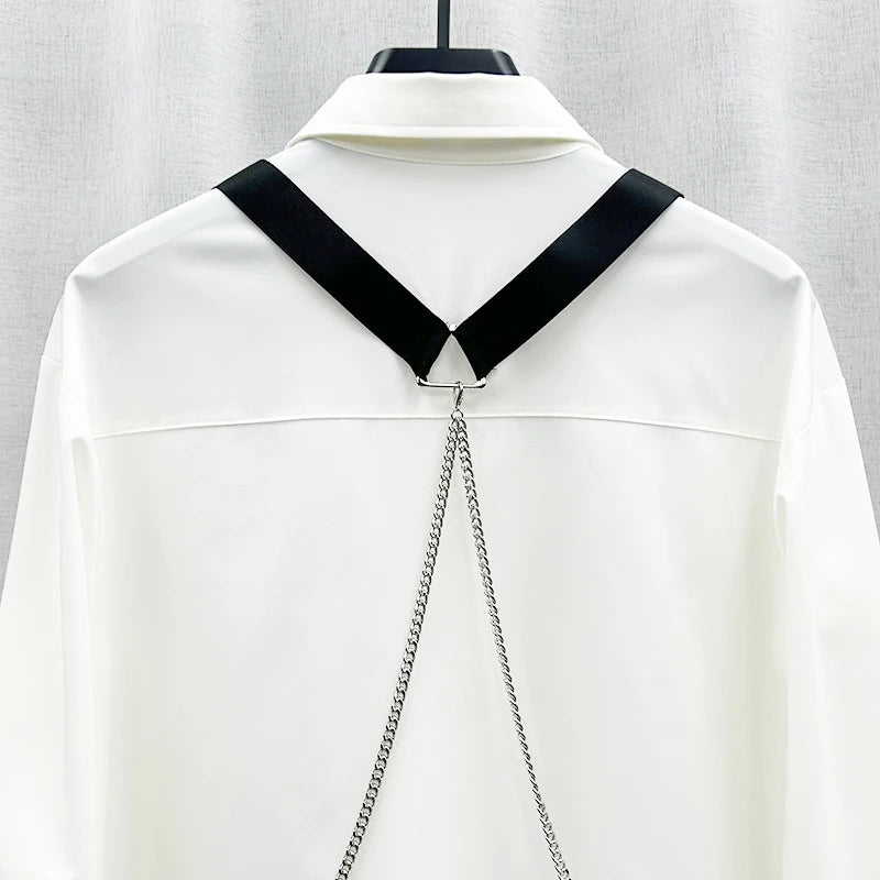 Strap Chain Zipper Pocket Loose Shirt