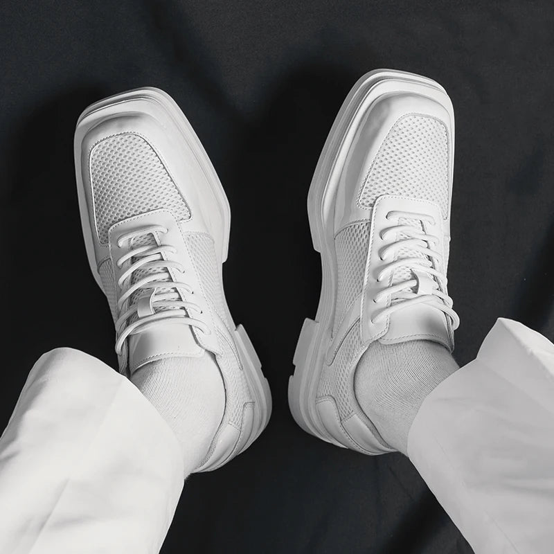 Minimalist Square Toe Mesh Leather Sneakers