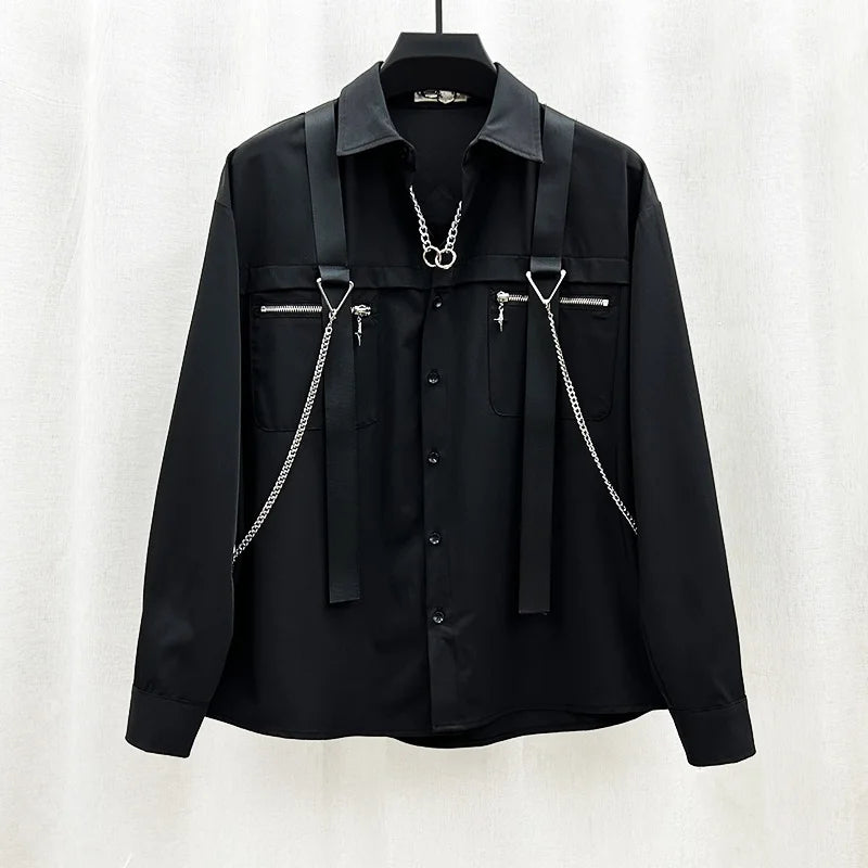 Strap Chain Zipper Pocket Loose Shirt