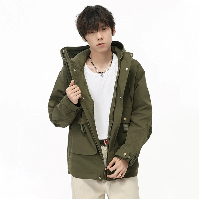 Solid Big Pockets Drawstring Hooded Jacket