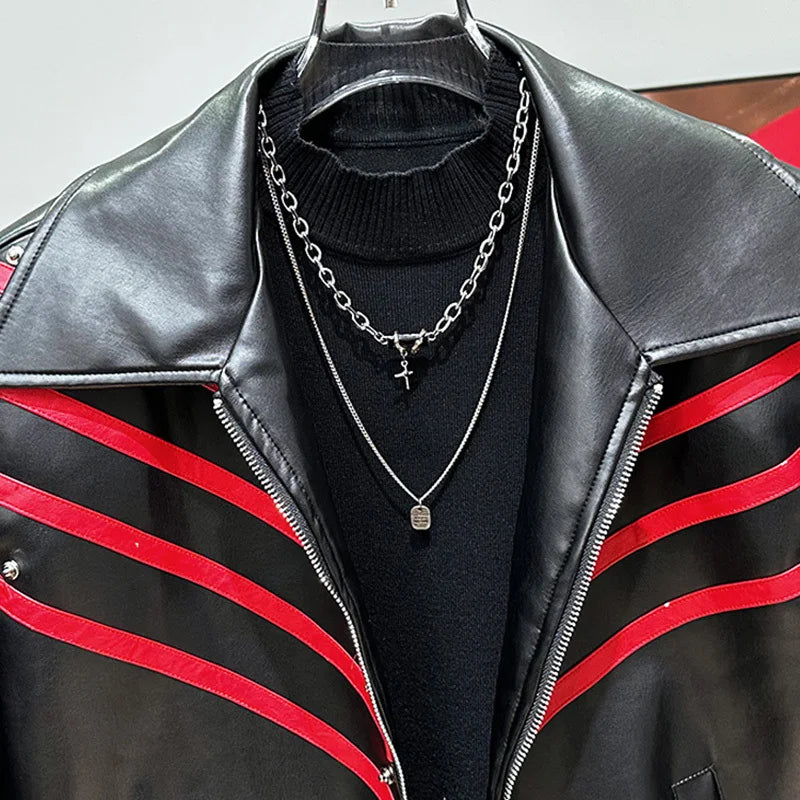 Motorcycle PU Leather Contrast Stripe Jacket