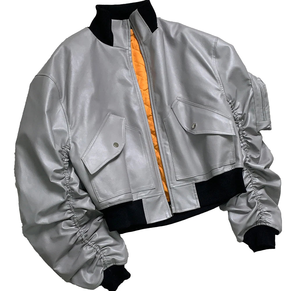 Silver Faux Leather Bomber Jacket