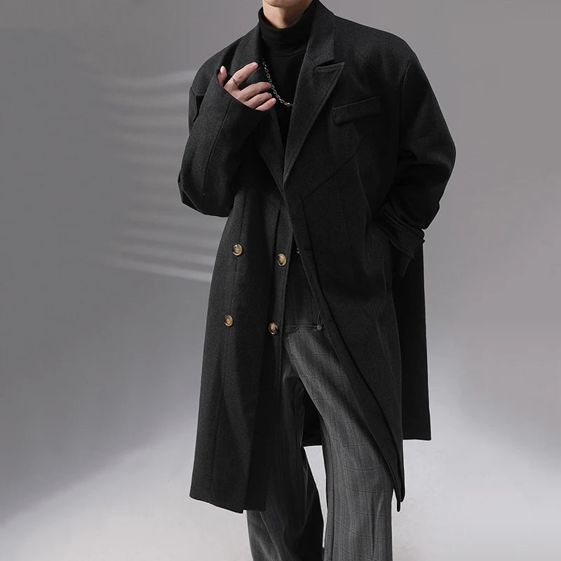 Woolen Double-Breasted Casual Solid Coat