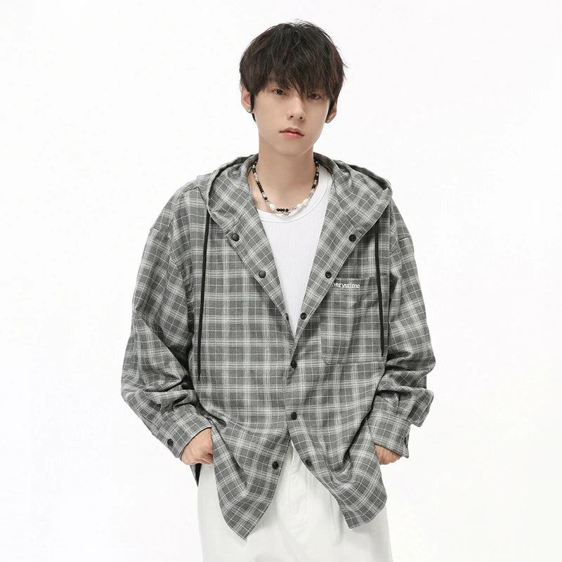 Plaid Drawstring Hooded Loose Shirt