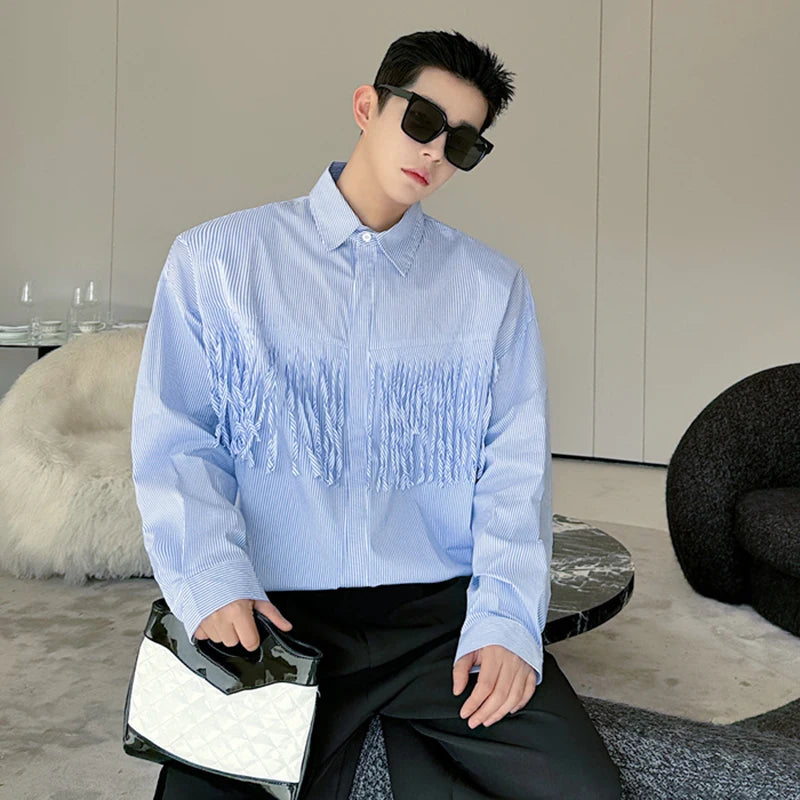 Blue Color Long Sleeve Tassels Shirt