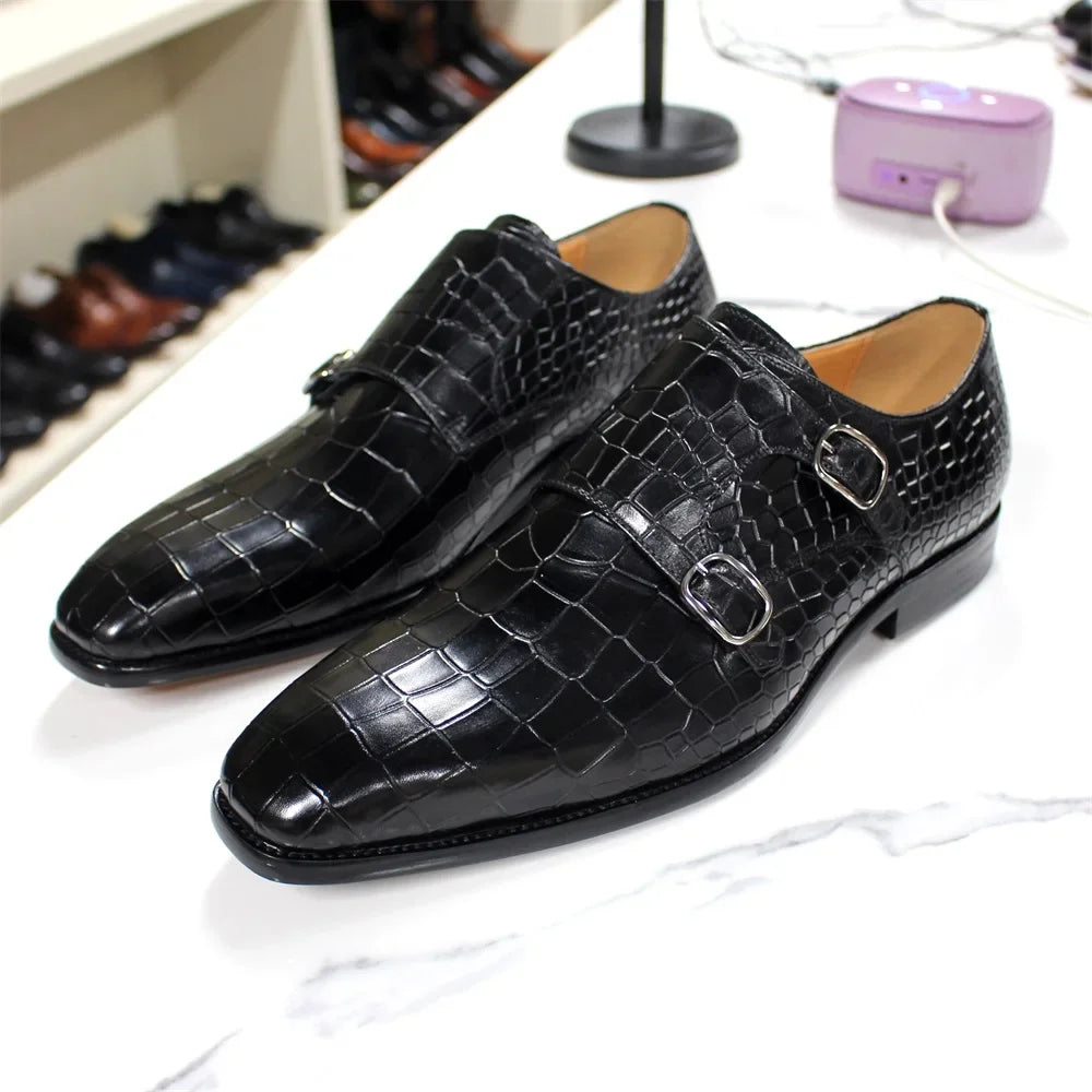 Crocodile Leather Pattern Double Buckle Shoes