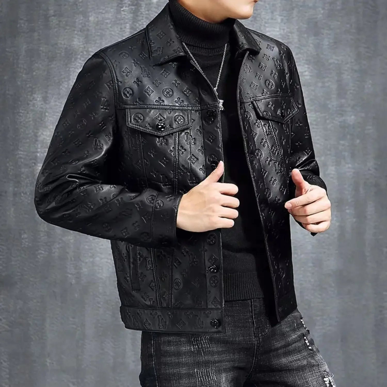 Geometric Embossed Pattern Black Jacket