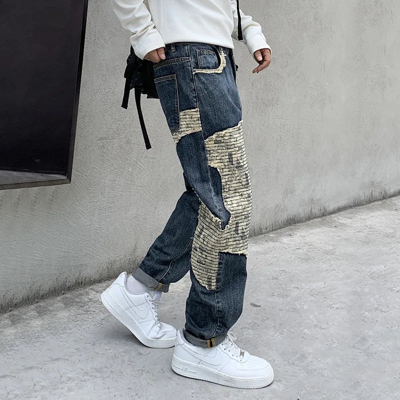 Industrial Retro Blue Patchwork Jeans