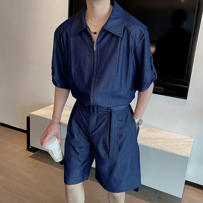 Zipper Half Sleeve Shirt Shorts Set