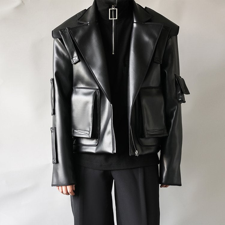 Black Soft Leather Multi Pockets Jacket