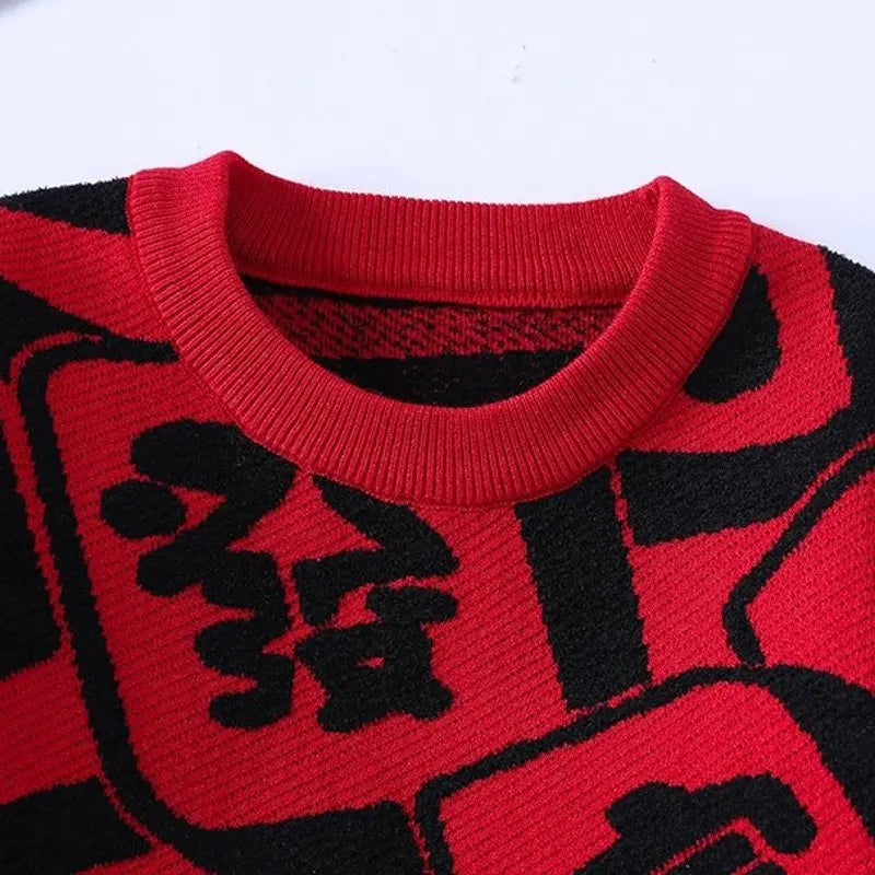 Chinese Letter O-Neck Loose Red Sweater