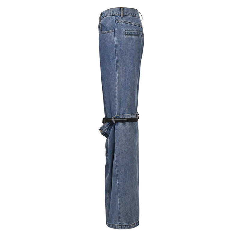 Waist Pockets Belt Wide Leg Jeans