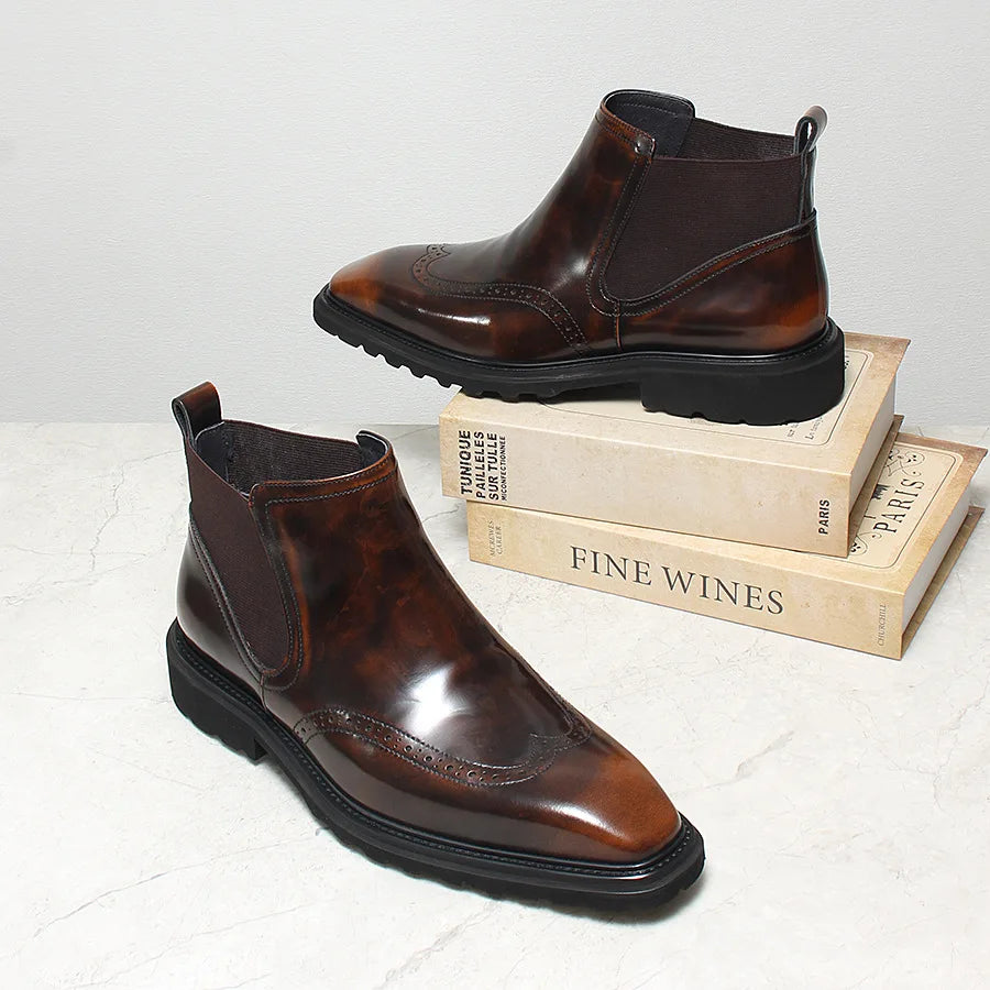 Wingtip Solid Leather Chelsea Boots