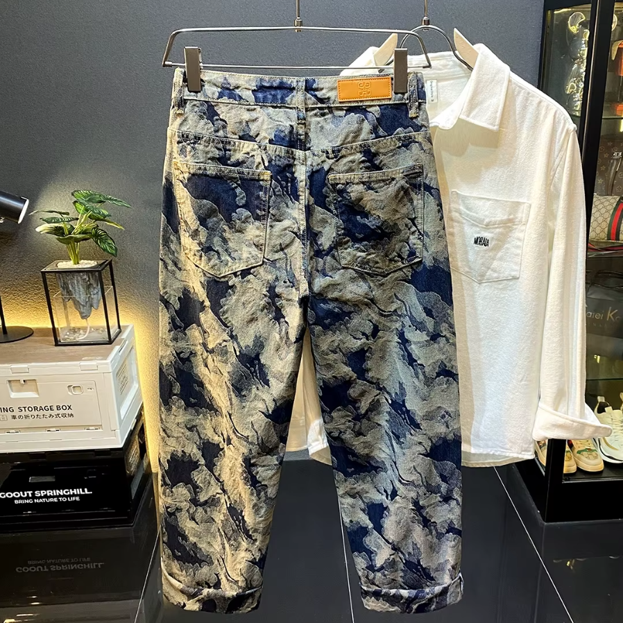 Printed Pattern Men Washed Denim Jeans