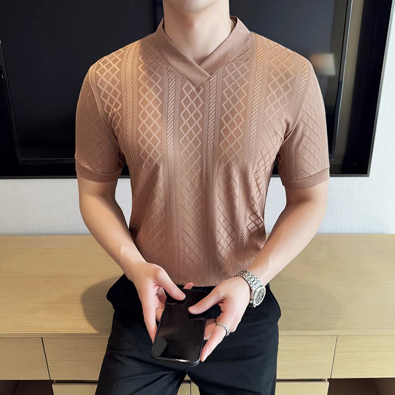 V-Neck Geometric Textured Casual T-Shirt