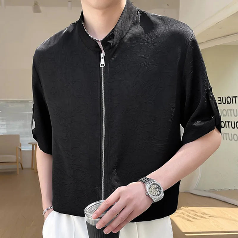 Solid Jacquard Zipper Button Sleeve Shirt