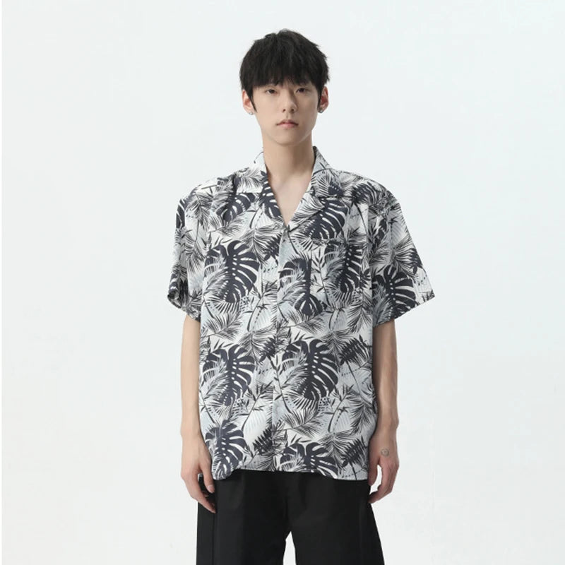 Leaf Printing Turn-down Collar Shirt