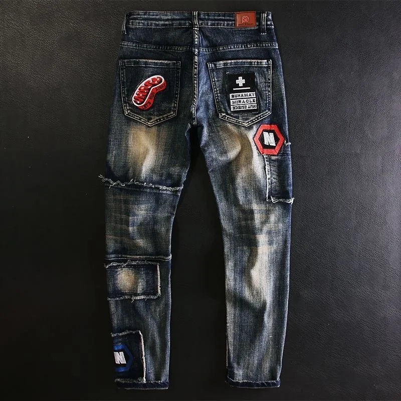 Embroidered Patch Straight Leg Jeans