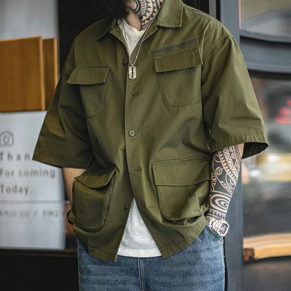 Army-Green Four Pockets Short Sleeve Shirt