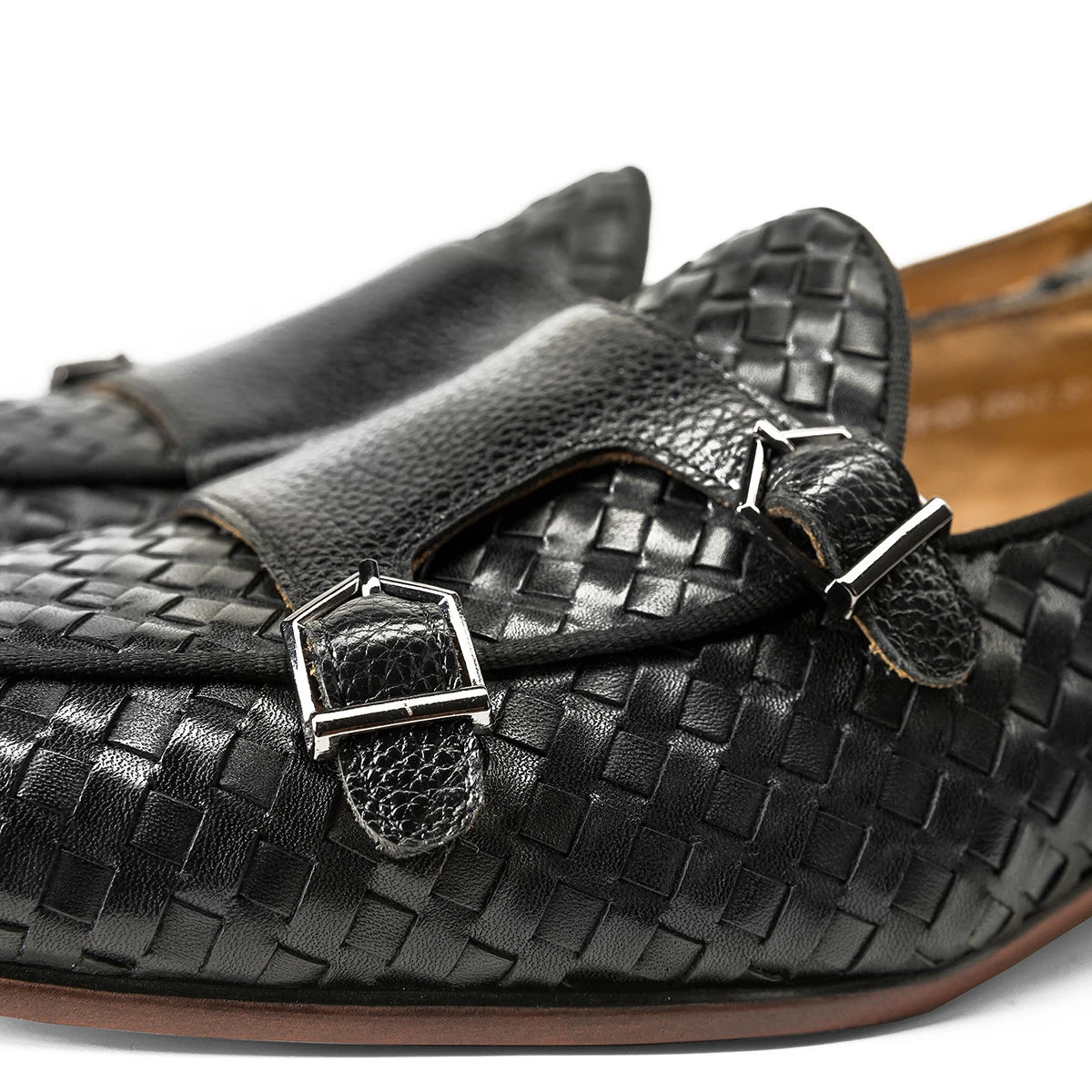 Black Woven Leather Monk Strap Shoes