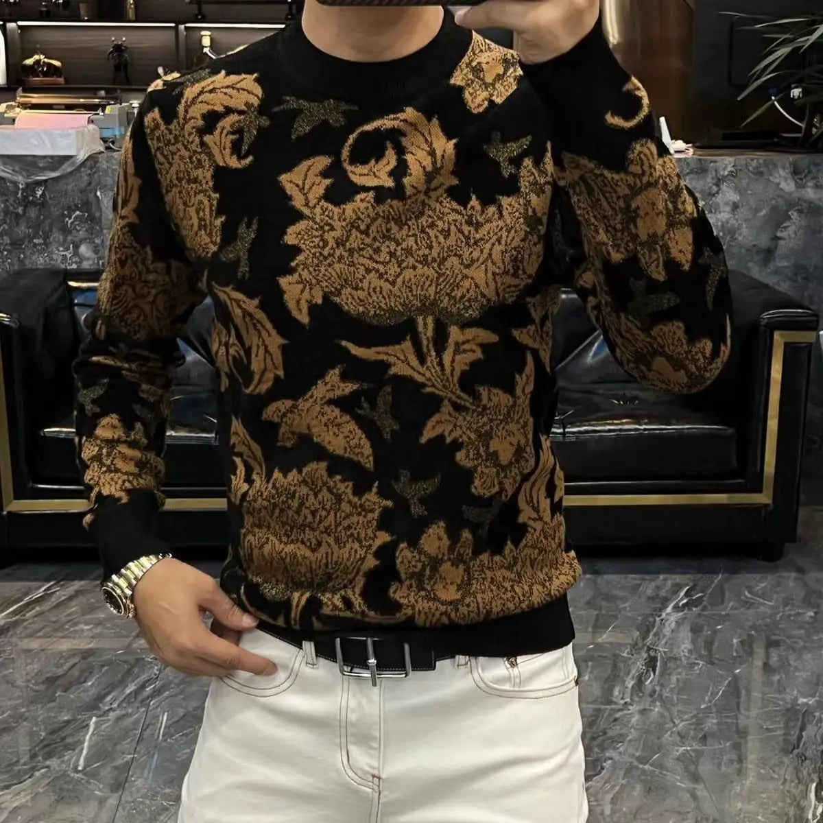 Black Bronze Floral O-Neck Printing Sweater