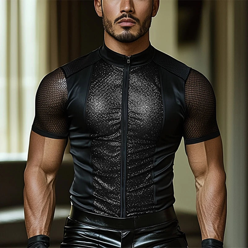 Shiny Mesh Patchwork See Through T-Shirt