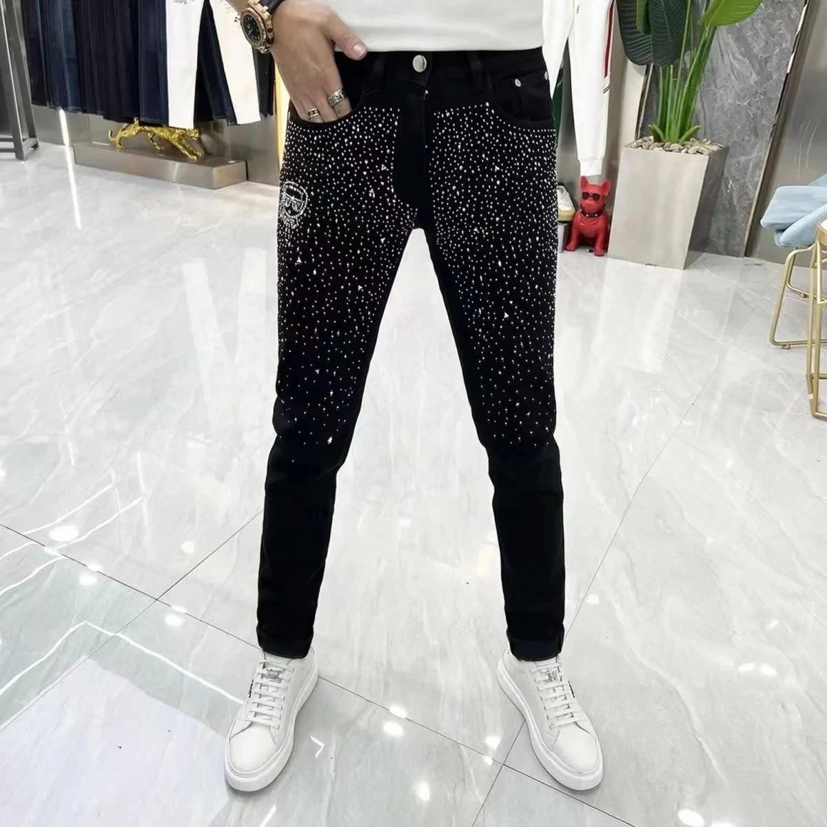 Solid Black Rhinestone Slim Fit Jeans