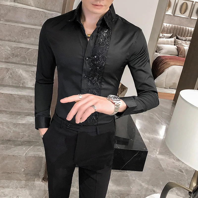 Solid Lace Sequin Slim Fit Shirt