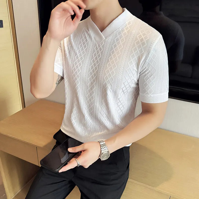 Geometric V-Neck Breathable T-Shirt