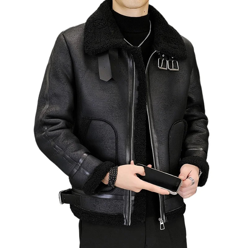 Lines Spliced Faux Fur Pockets Jacket