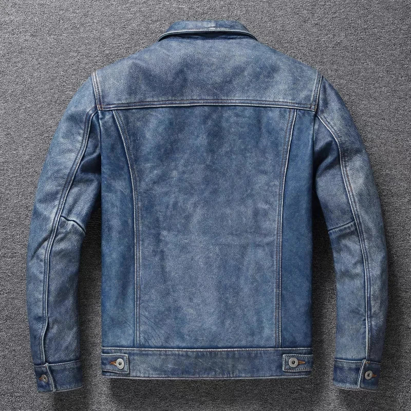 Light Blue Washed Denim Leather Jacket