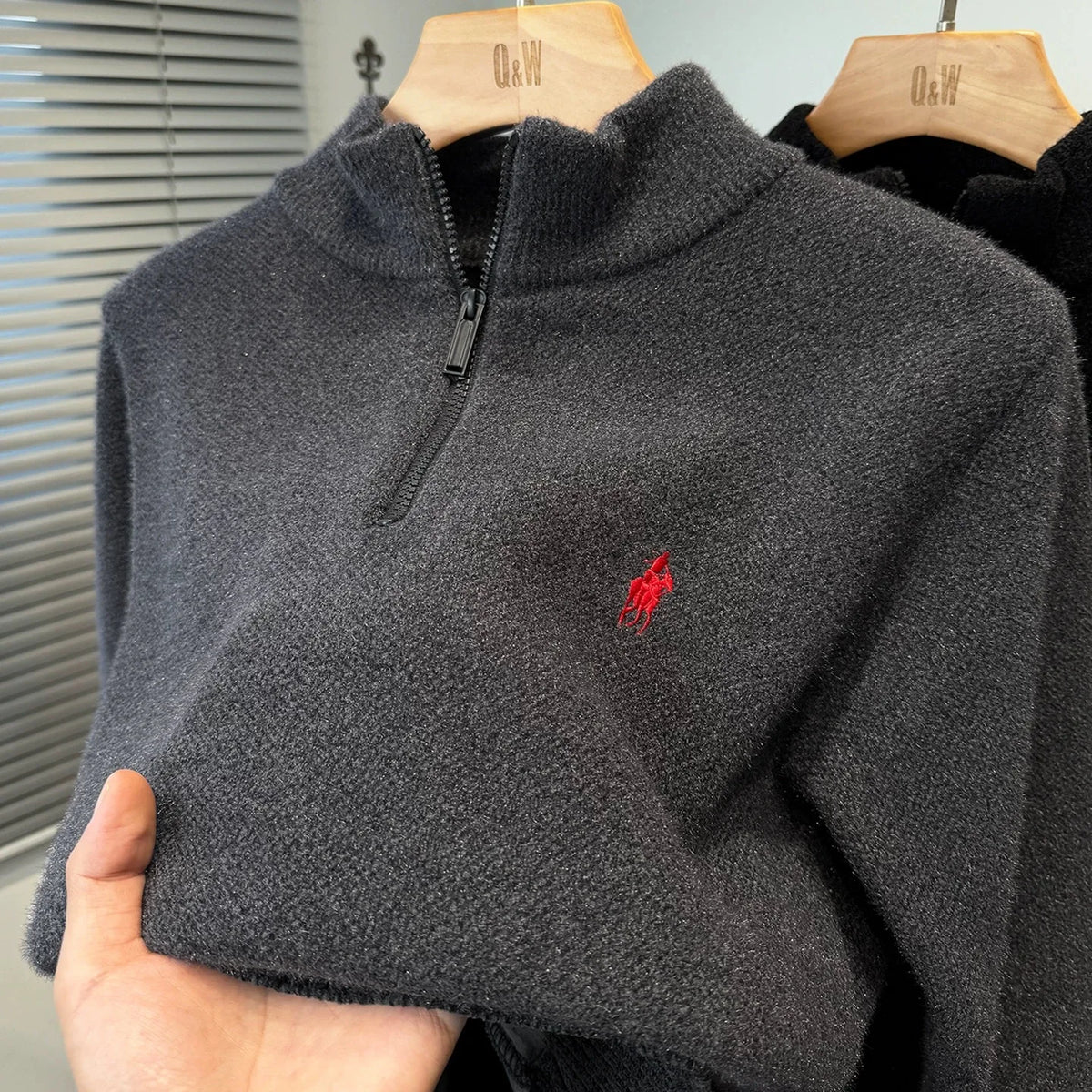 Solid Embroidery Half Zip Stand Collar Sweater