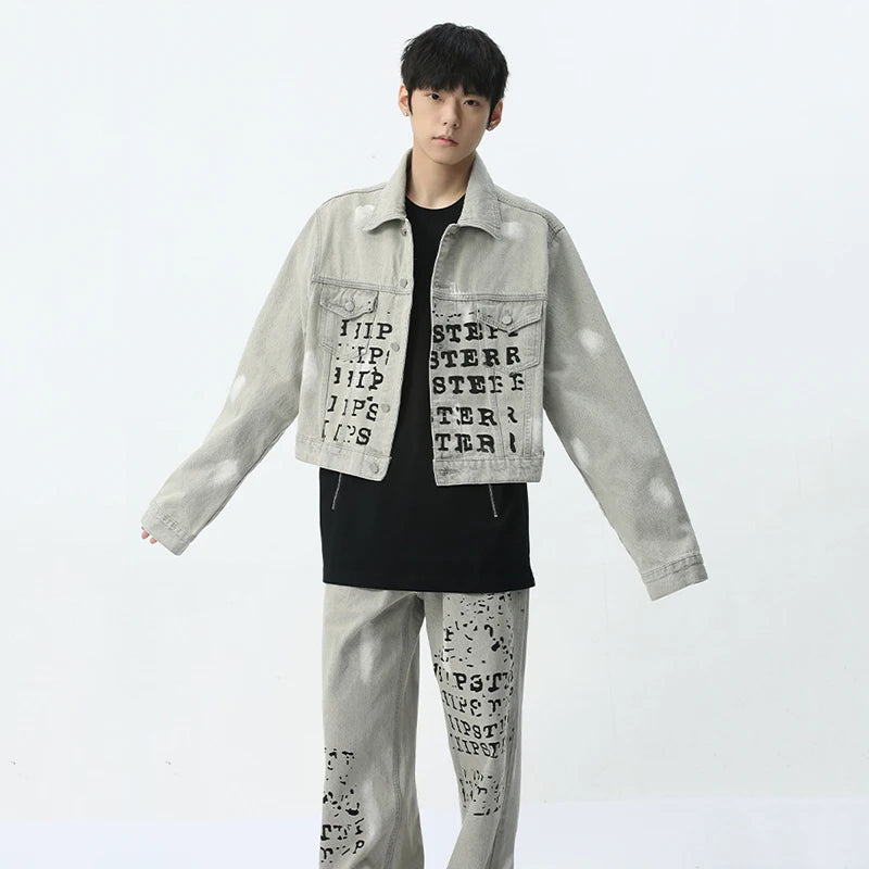 Letter Printing Denim Jacket Pants Set