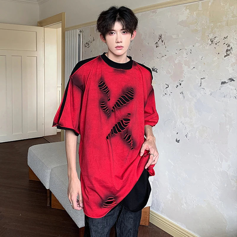 Contrast Color Broken Holes Red T-Shirt