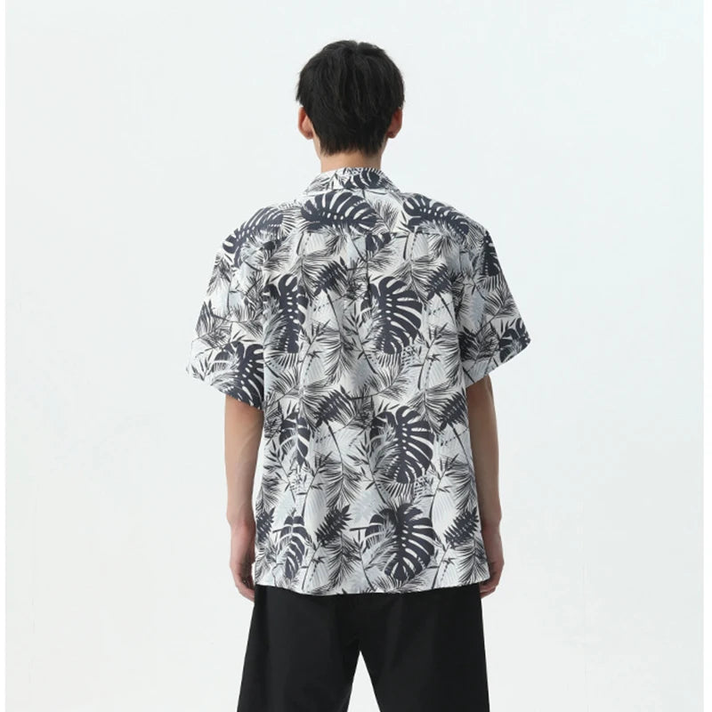 Leaf Printing Turn-down Collar Shirt