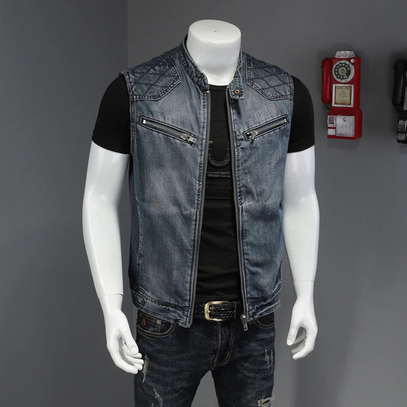 Retro Ripped Hollow Denim Zipper Vest