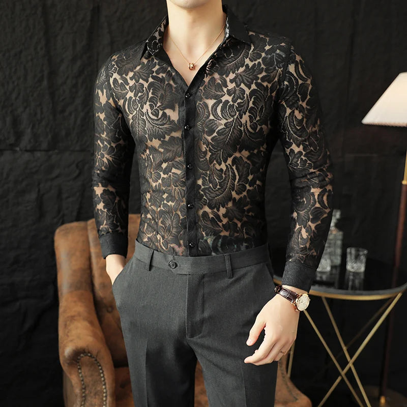 Solid Transparent Lace Slim Fit Shirt