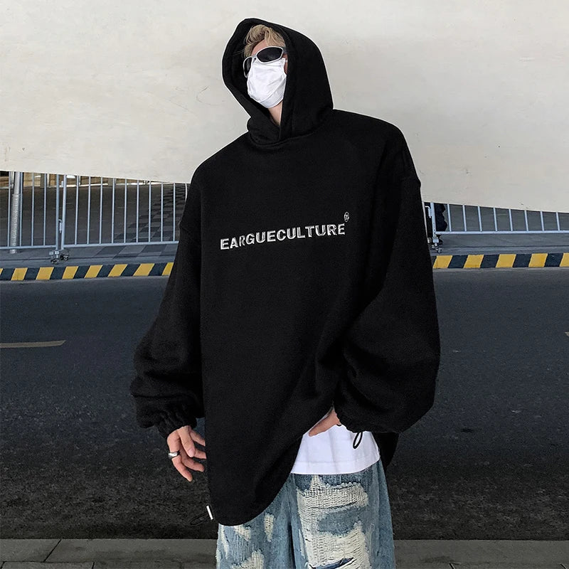 Solid Black 3D Letter Oversize Hoodies