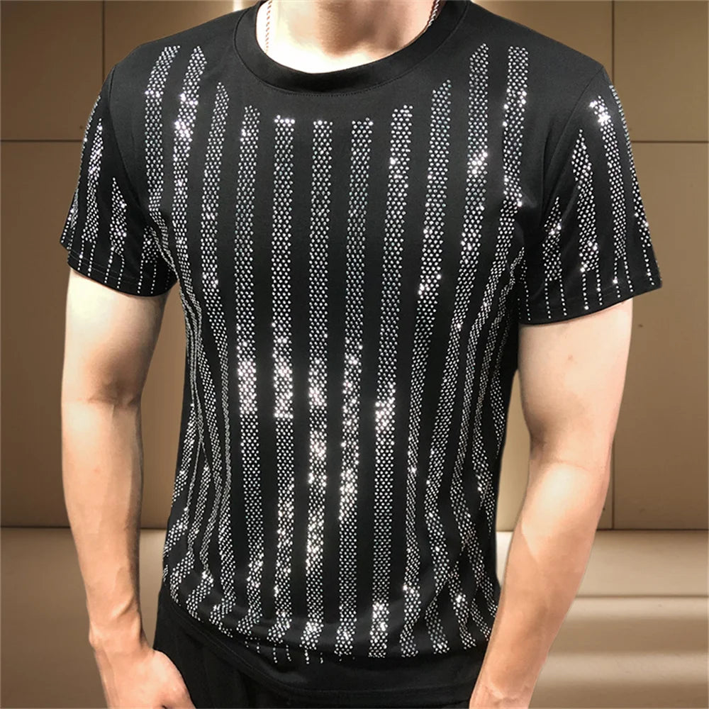 Stripes Rhinestone O-Neck T-Shirt