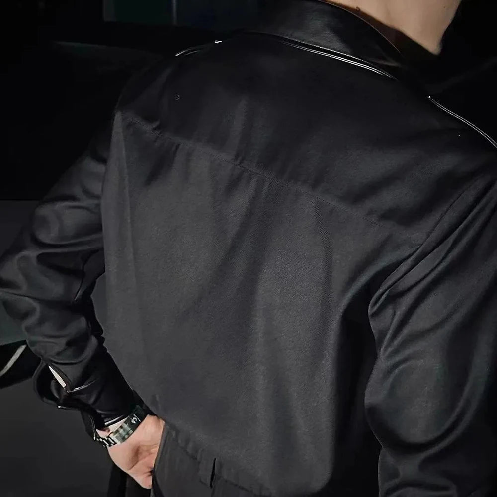 Black PU Leather Solid Patchwork Shirt