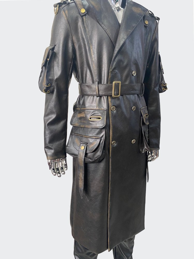 Black Double-Breasted PU Leather Trench Coat