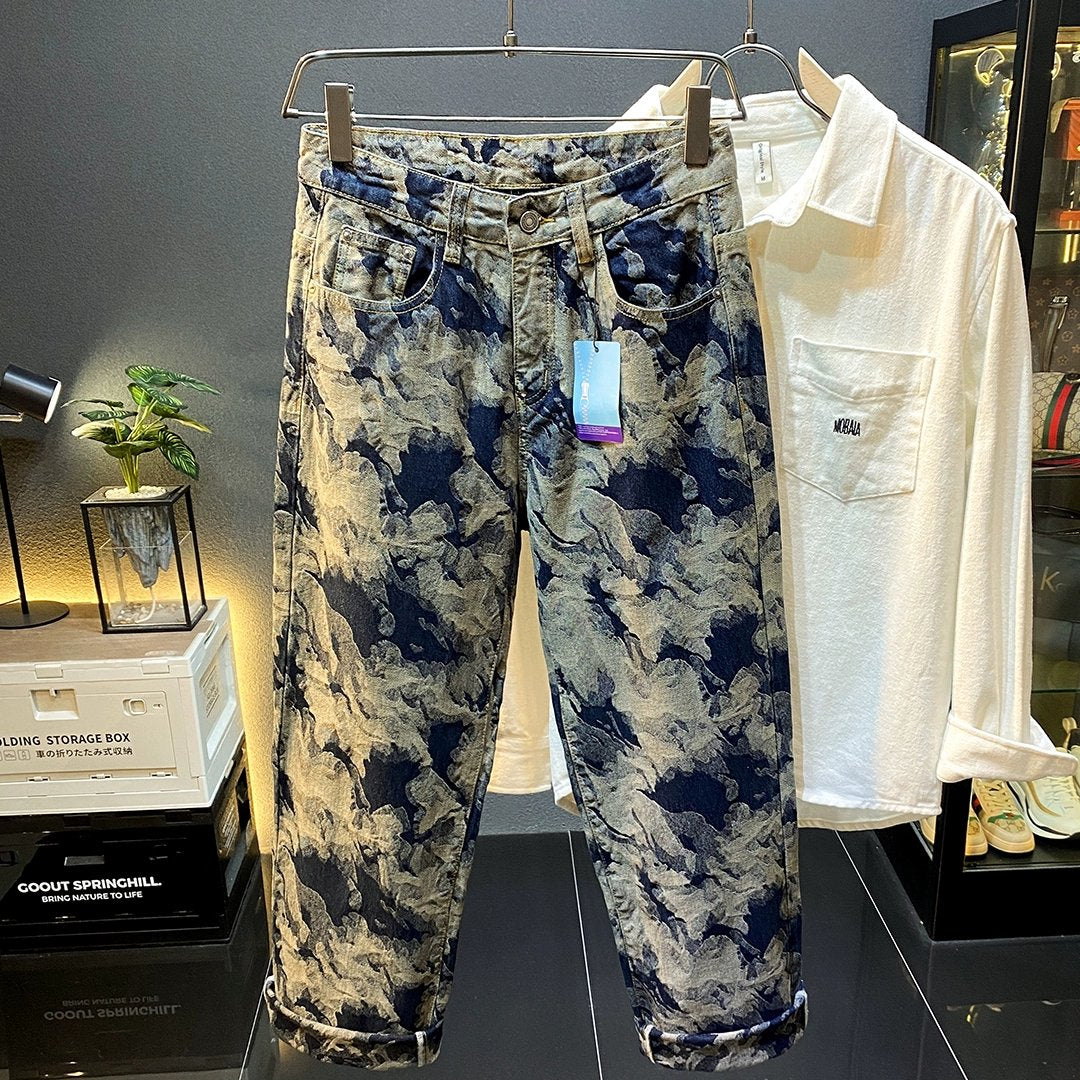 Printed Pattern Men Washed Denim Jeans