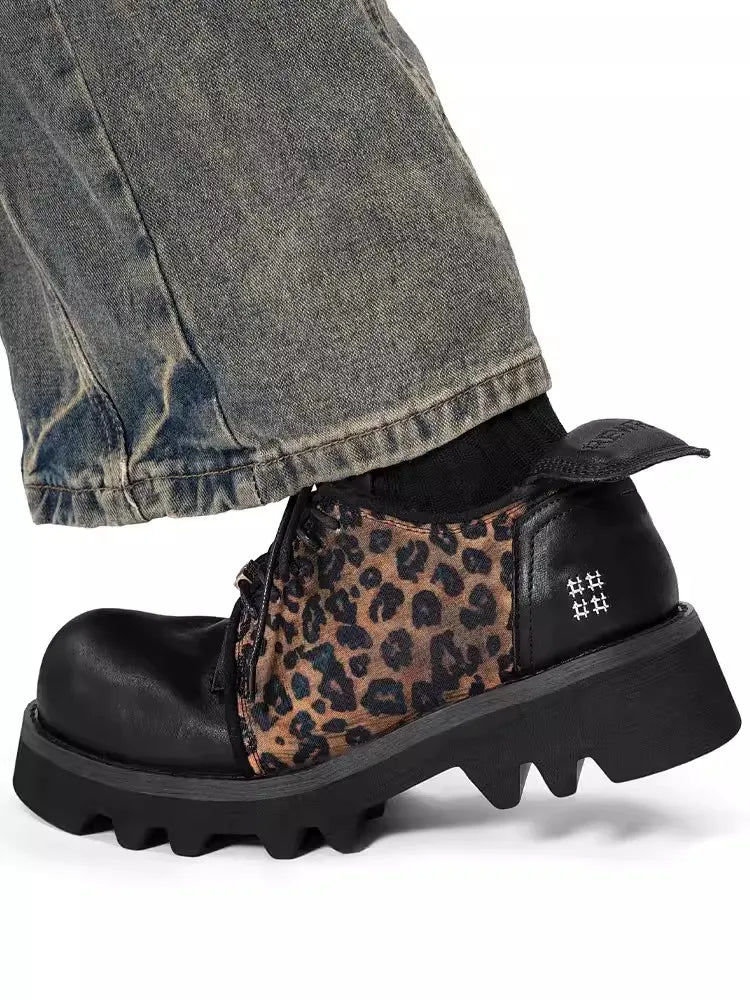 Cowhide Genuine Leather Spliced Leopard Shoes