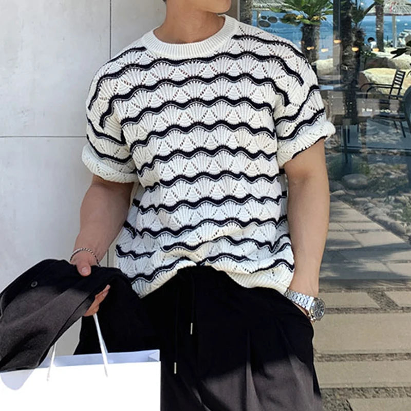 Knitted O-Neck Short Sleeve Hollow T-Shirt