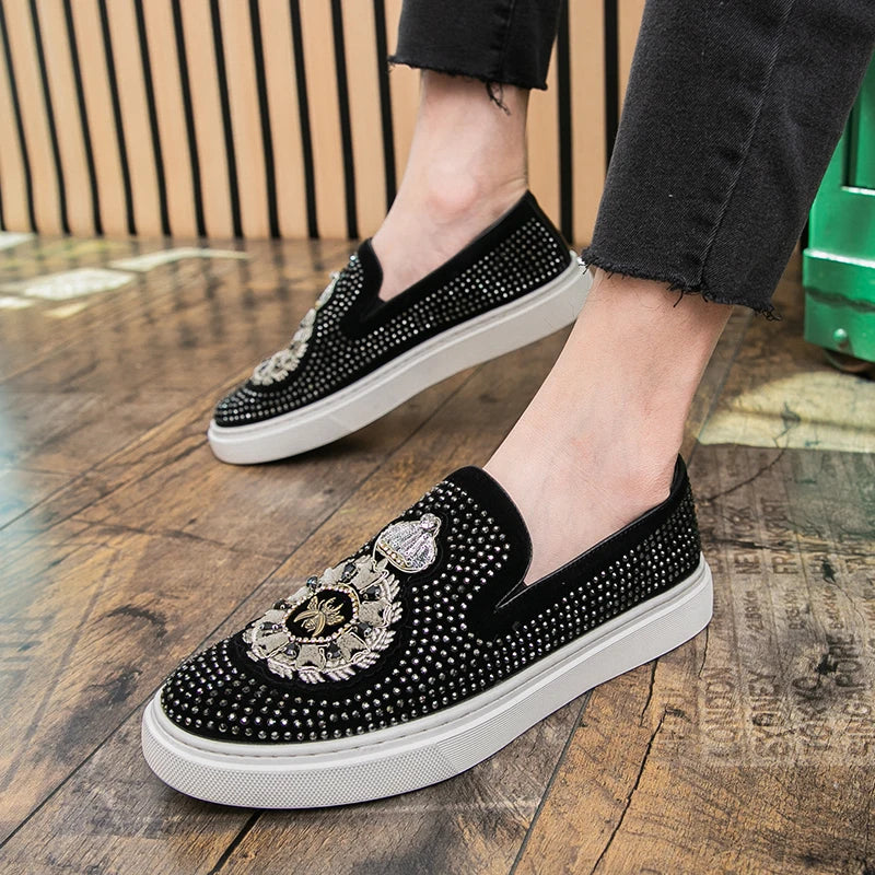Embroidery With Rhinestone Spikes Loafers