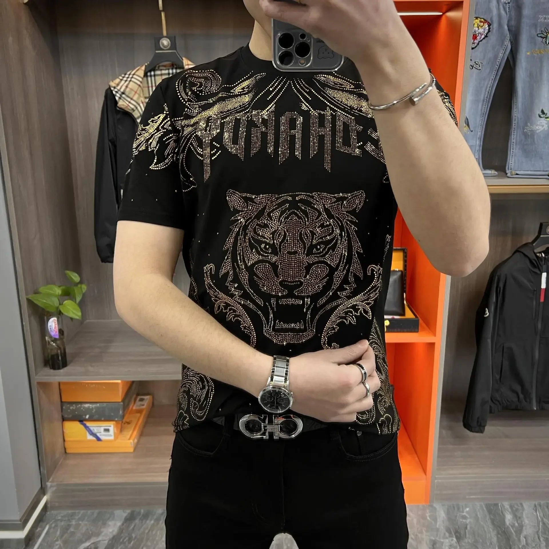 Black Rhinestone Printed T-Shirt