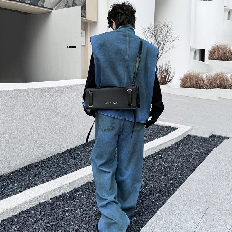 Stand Collar Zipper Vest Denim Pants Set