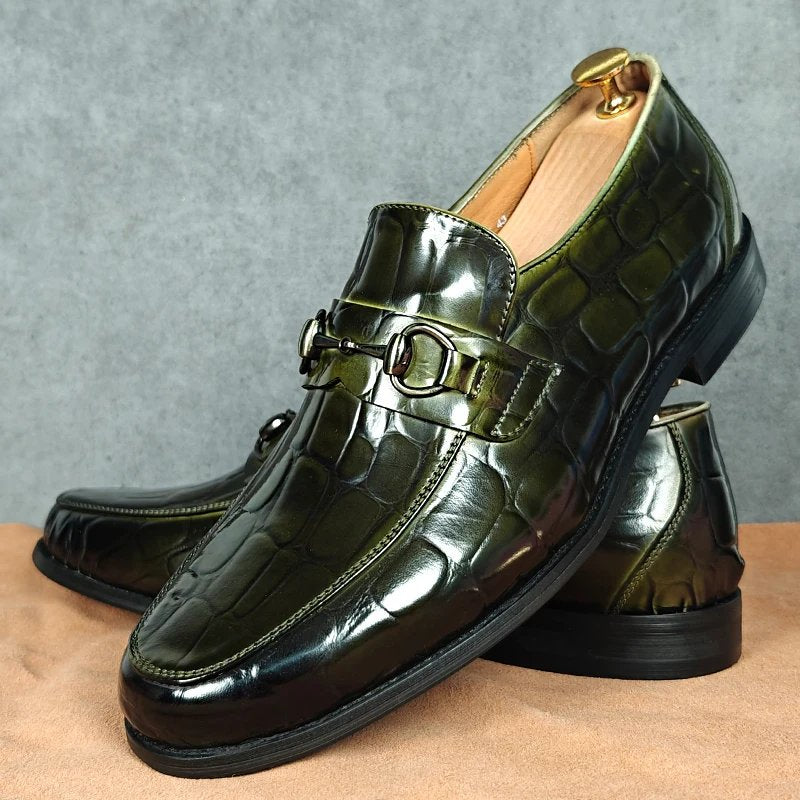 Green Croc Leather Pattern Horsebit Loafers