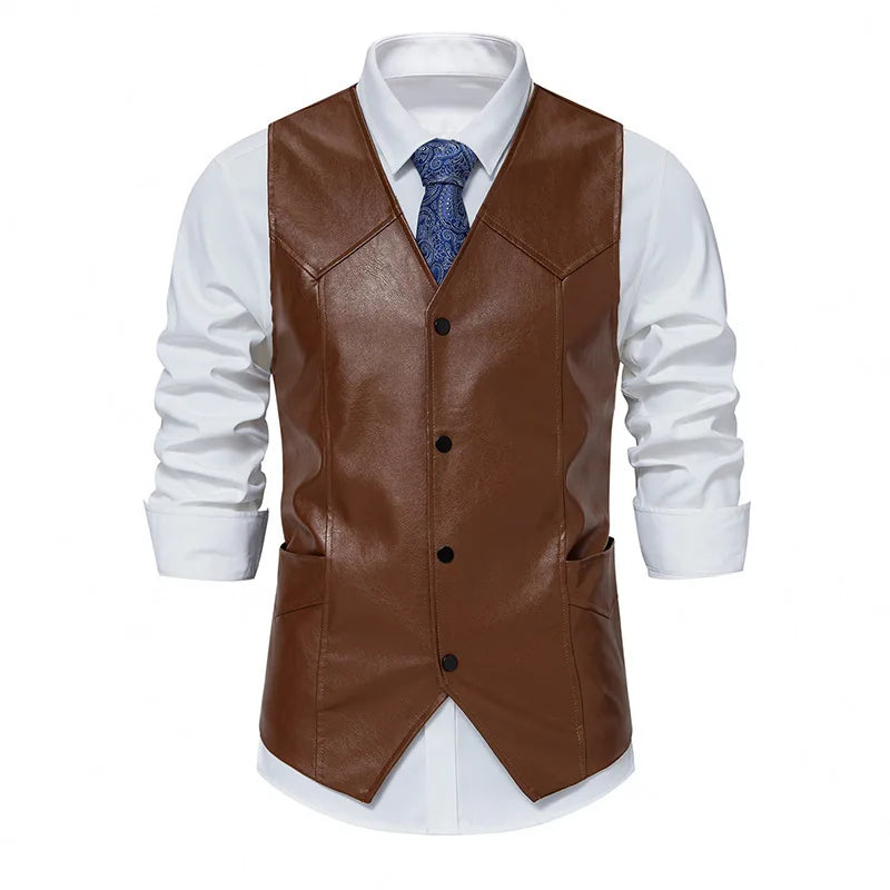 Single-Breasted Solid Faux Leather Vest