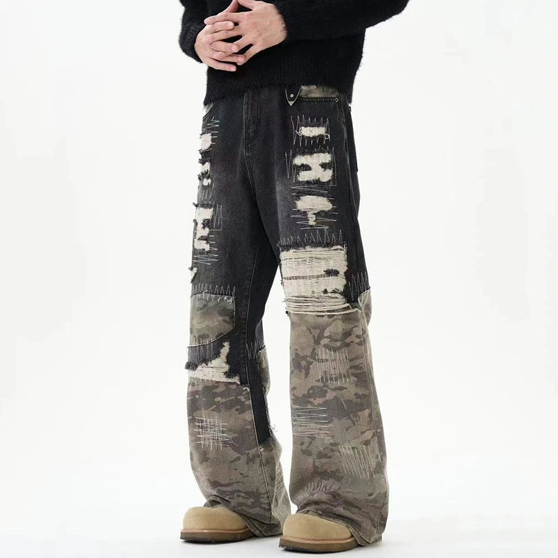 Patchwork Camouflage Worn-Out Straight Jeans